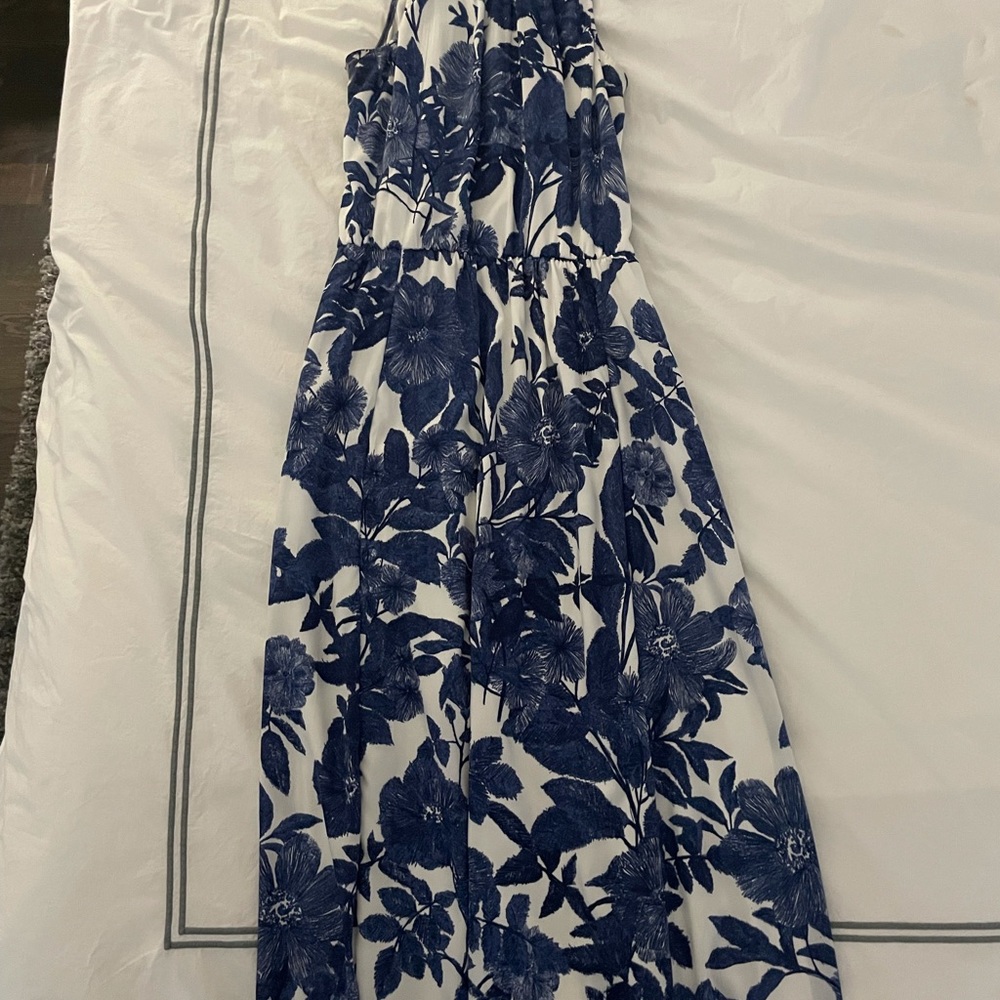 Long blue and white sleeveless dress